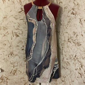 Blue/grey/tan swirl dress with gold metal collar/chain